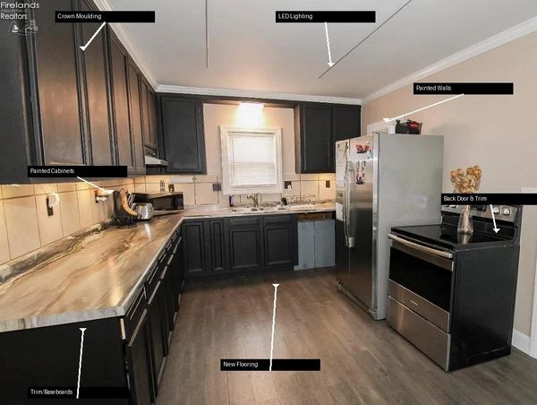 Modern kitchen with painted cabinets, LED lighting, and new flooring.