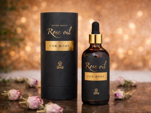 Elegant rose oil for body in black and gold packaging with dried roses.