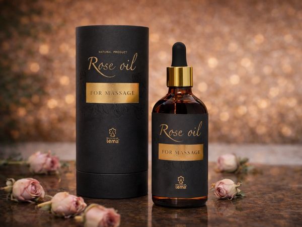 Elegant rose oil massage product with black and gold packaging surrounded by small rosebuds.