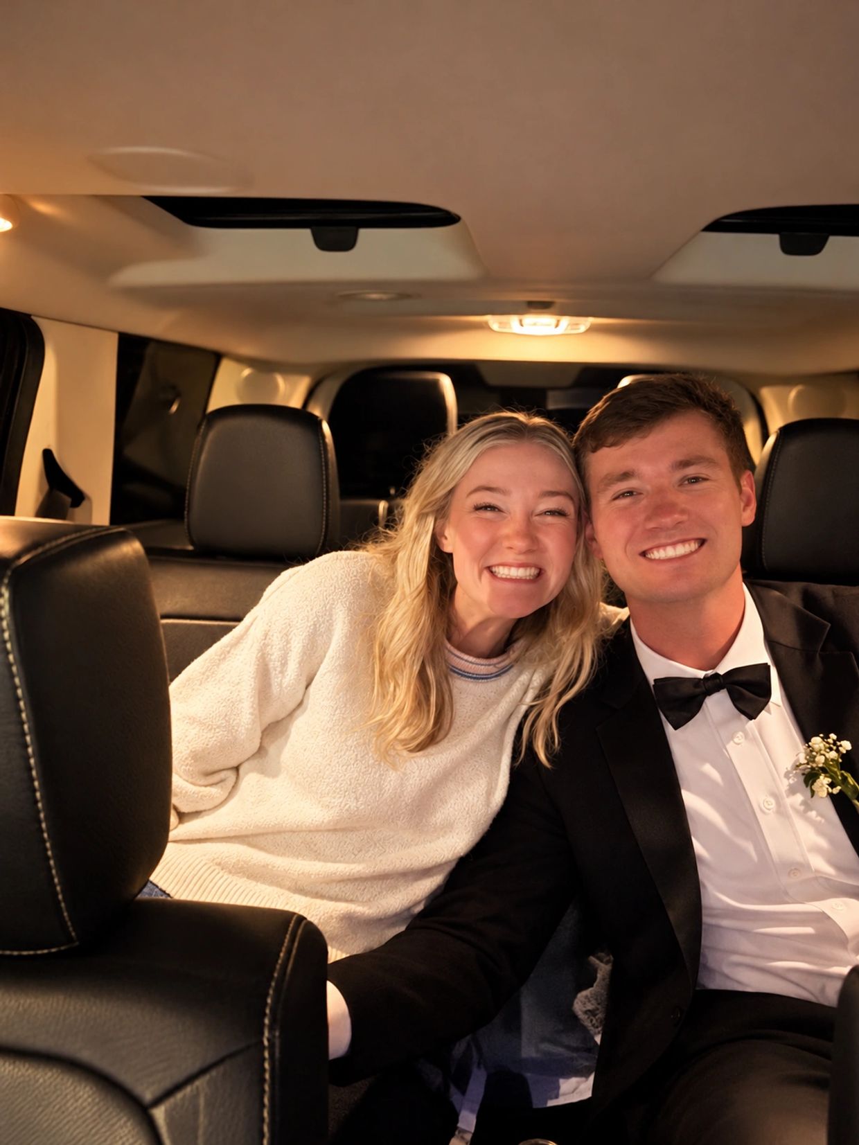 Smiling couple sitting in a car, dressed for a special occasion.