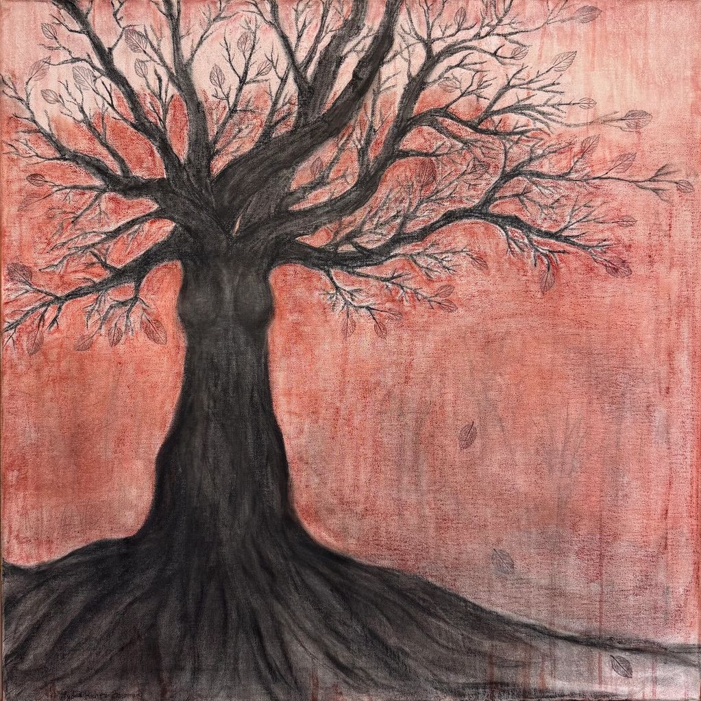 A bare black tree with sparse leaves against a textured reddish background.