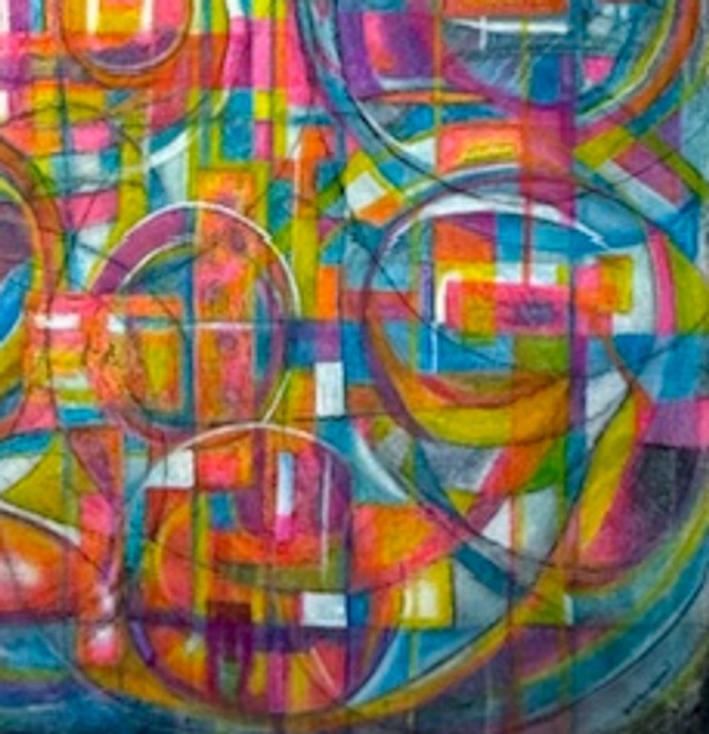 Colorful abstract painting with overlapping circles and rectangles.