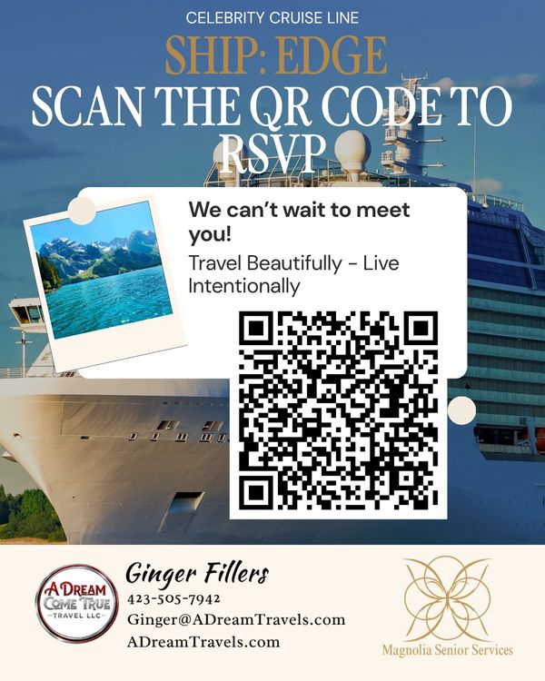 Celebrity Cruise Line's Ship Edge RSVP invitation with QR code and contact info.