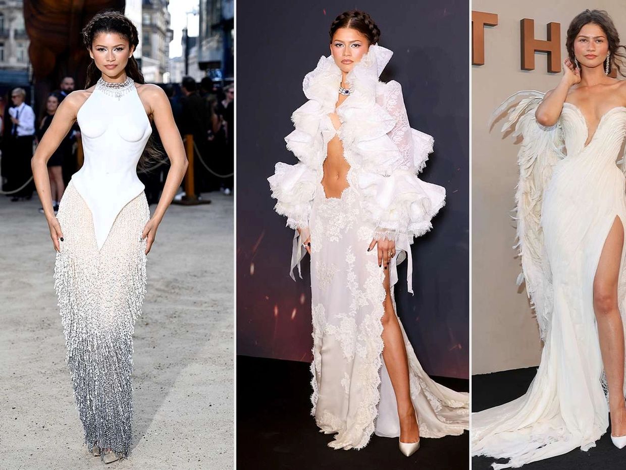Zendaya in three elegant white gowns.