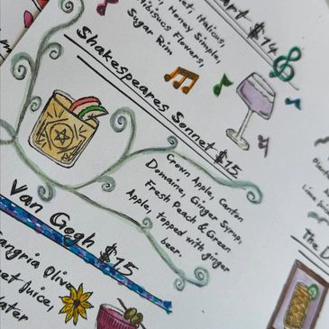 Hand-drawn cocktail menu with artistic illustrations and floral accents.