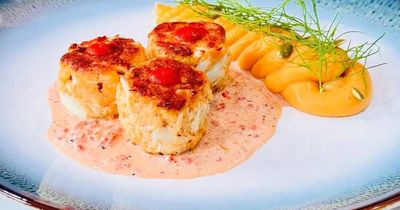 Three crab cakes with creamy sauce and a side of mashed sweet potatoes garnished with herbs.