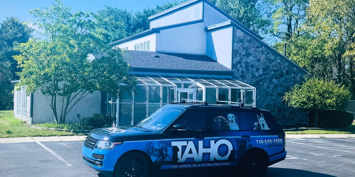 Blue Tahoe vehicle parked outside a building with trees around.