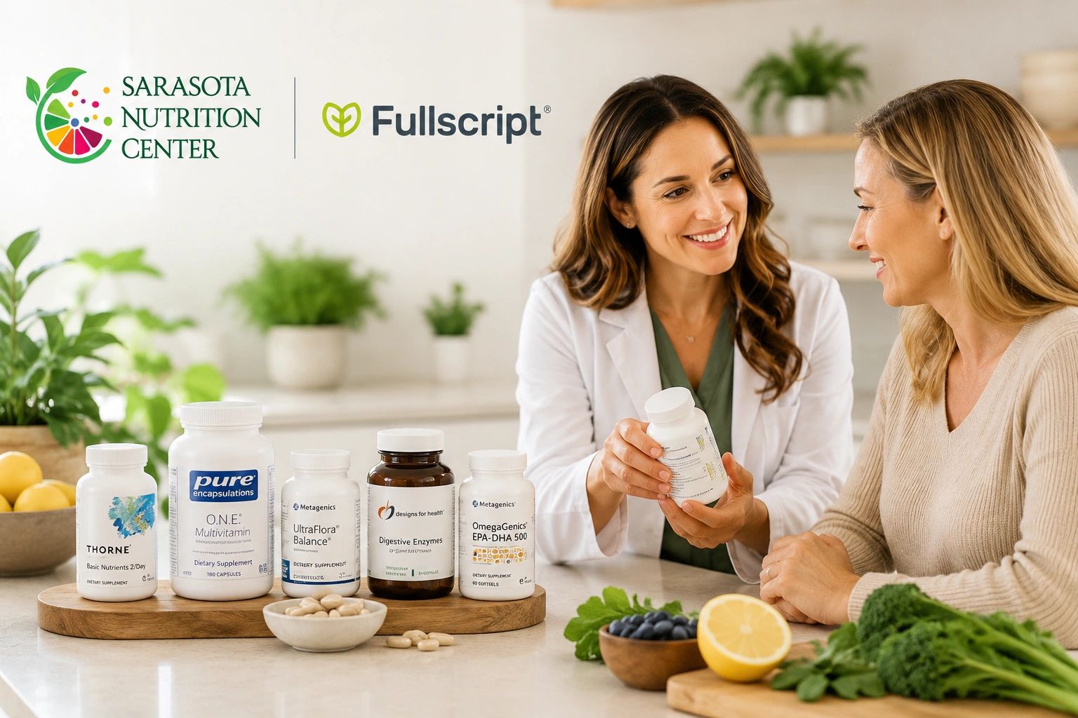 Nutritionist advising a woman on supplements at Sarasota Nutrition Center.