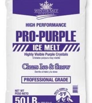Bag of high-performance Pro-Purple ice melt for clearing ice and snow.