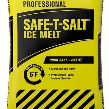 Bag of Morton Professional Safe-T-Salt ice melt for clearing ice and snow.