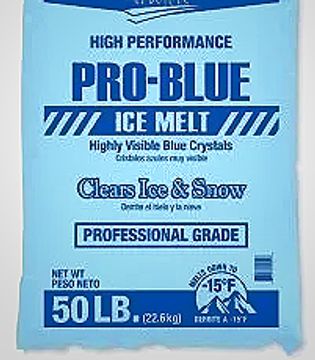 Bag of Pro-Blue ice melt for clearing ice and snow, professional grade.