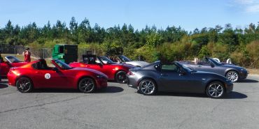 A lineup of sporty convertible cars parked outdoors on a sunny day.