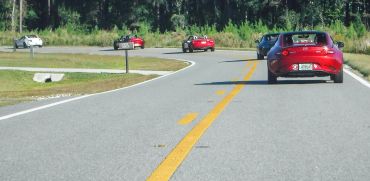 A convoy of sports cars driving on a winding road surrounded by greenery.