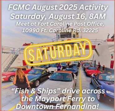 Car meetup and ferry drive event on August 16, 2025, at 8 AM in Fort Caroline, FL.