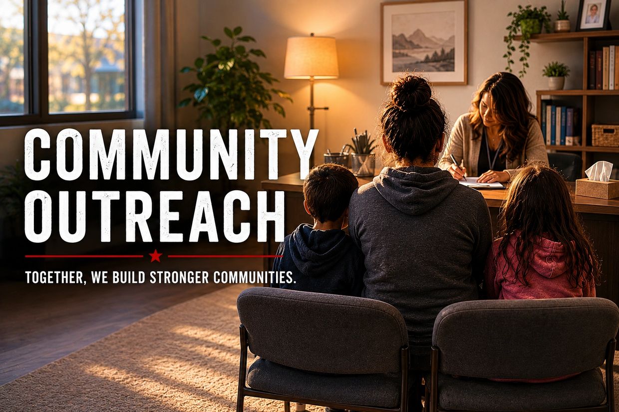 A family attending a community outreach meeting with a counselor in a cozy office.