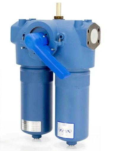 Industrial blue fuel or oil filter system with dual cylinders.