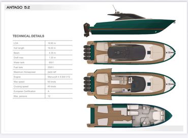 Technical details and layout of the Antago 52 luxury motorboat.