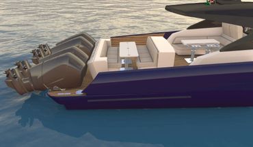 Rear view of a luxury boat with four powerful outboard motors and seating area.