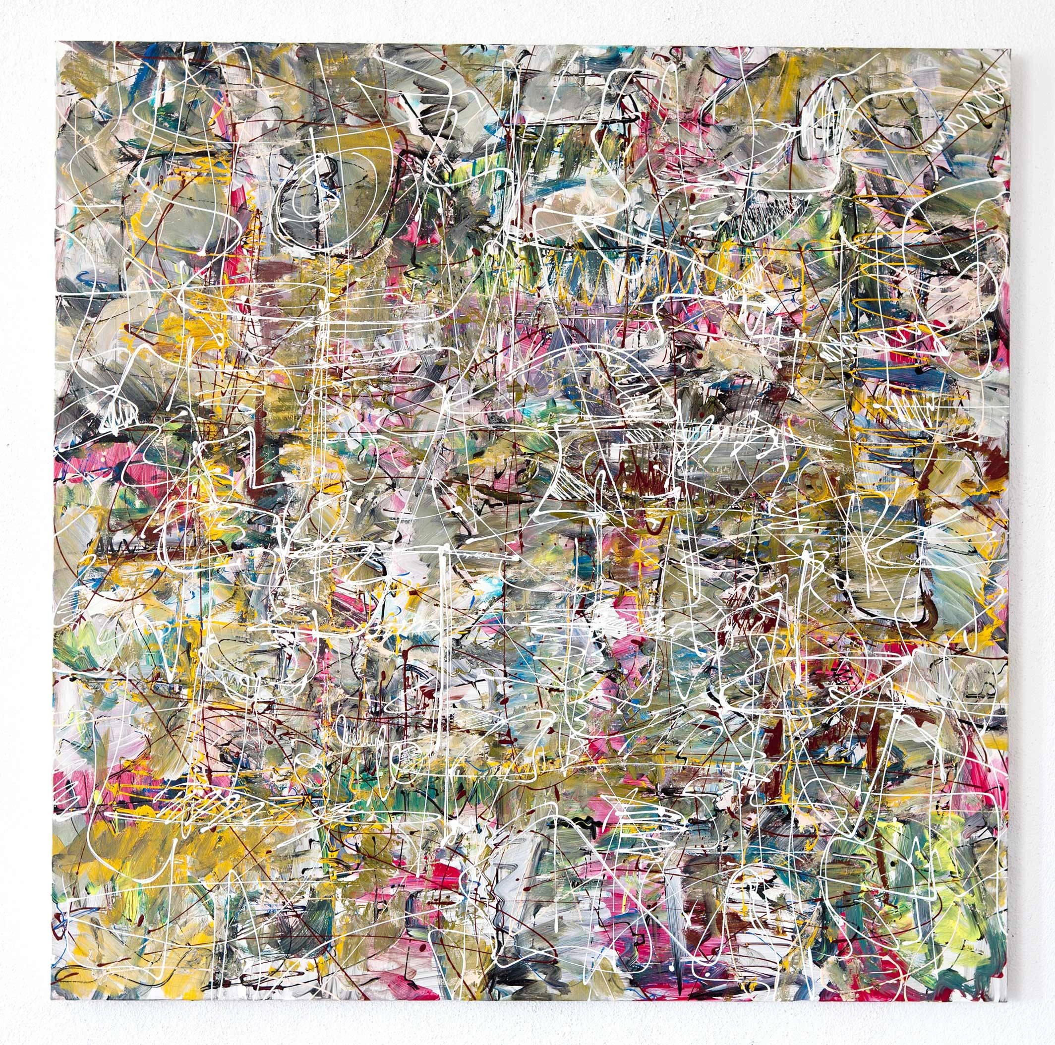 Pintura abstrata do pintor Adalied (Adá) as linhas parecem animais, brincan. verde, expresionista