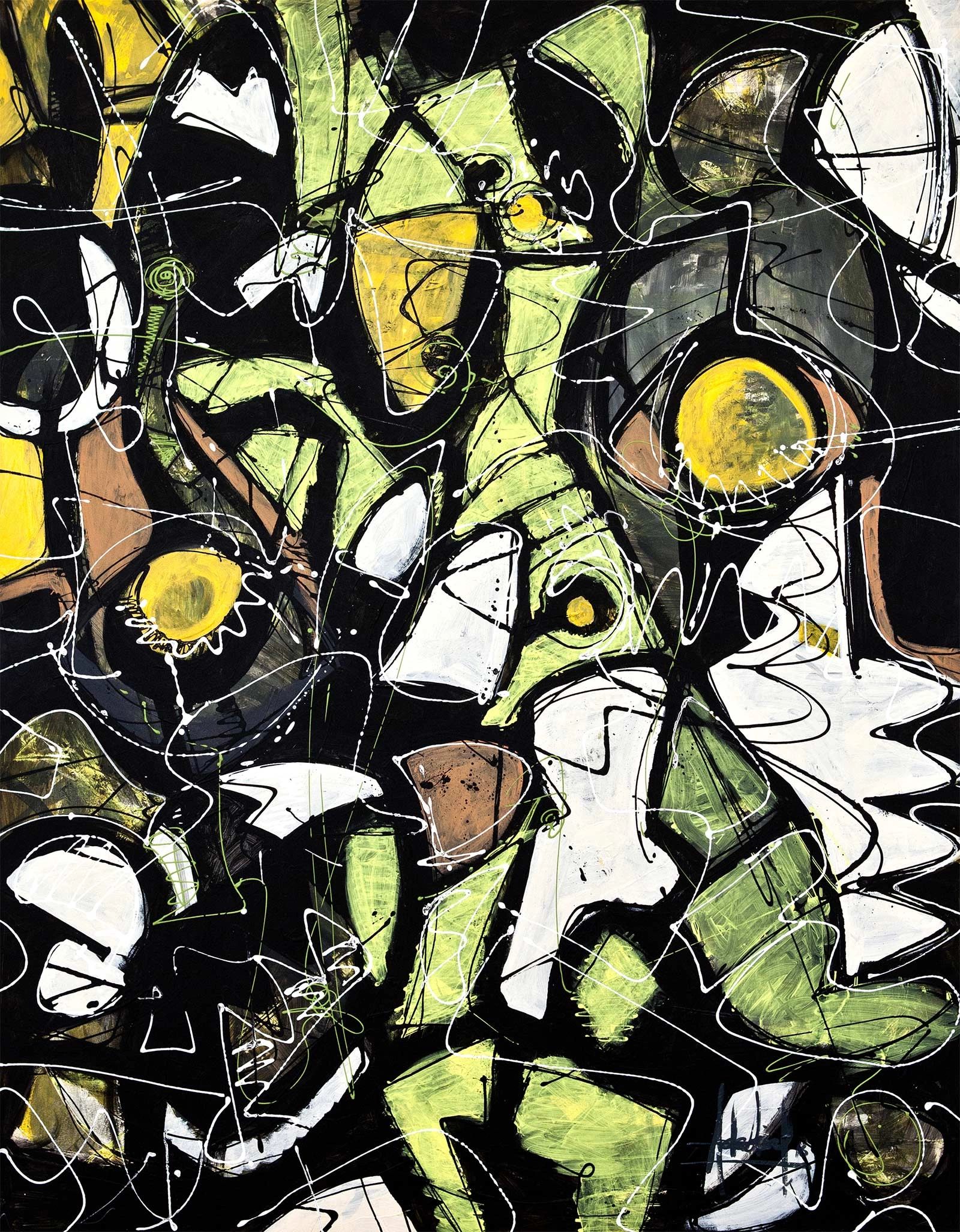 Abstract green Painting of Rob Adaierd ,Adá. Is green with floating lines, eyes, and strokes.