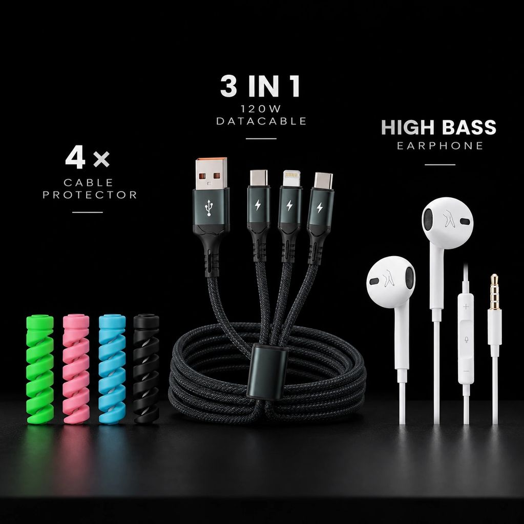 3-in-1 data cable with four cable protectors and high bass earphones.