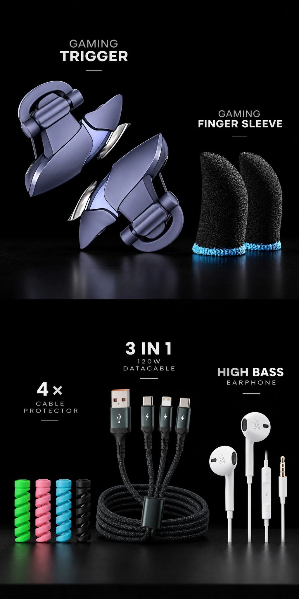 Gaming accessories including trigger, finger sleeve, cable protector, data cable, and earphones.
