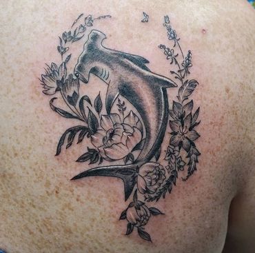 Hammerhead shark tattoo,black and gray, Nashville Ink, Rose