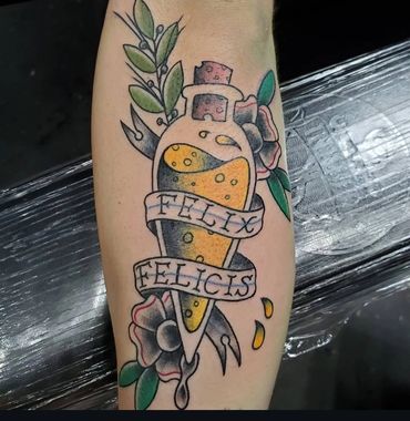 Herry Potter potion jar, color tattoo, Nashville Ink, Rose