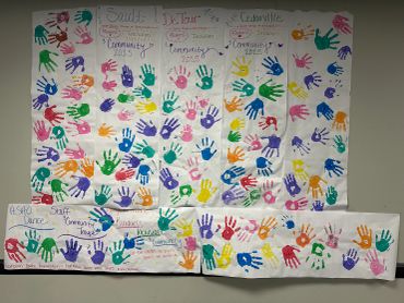 Colorful handprints on decorated paper walls.