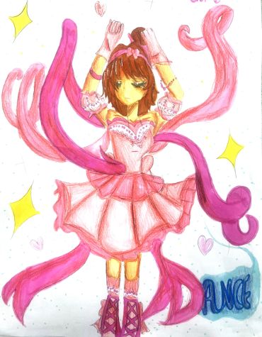 Anime girl in pink dress dancing with flowing ribbons.
