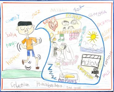 Colorful drawing of a dancing boy surrounded by music and emotions.