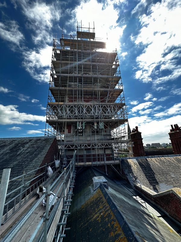 complex design & scaffold beams through the bell tower , Eastbourne ,east sussex