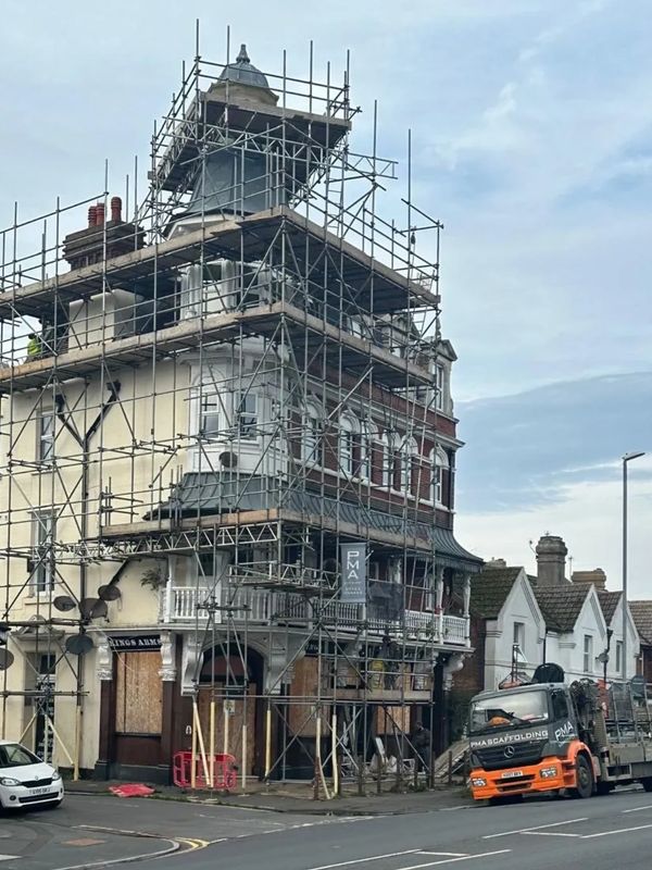 Scaffold erected for grade 2 listed pub in Eastbourne , East sussex