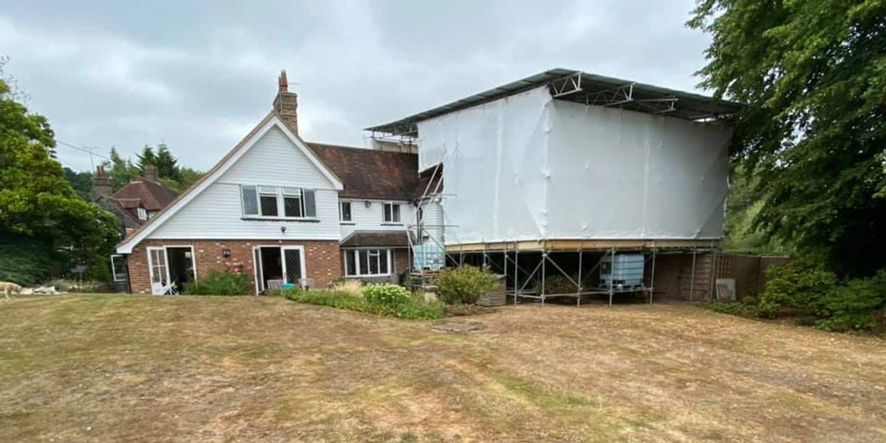 temporary roof installation in Hailsham East sussex
tin hat & shrink wrap