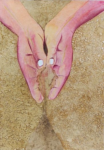 Watercolor painting of hands holding and pouring sand on a textured surface.