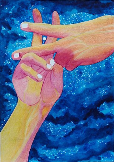 Two hands intertwined against a starry blue background in a colorful painting.