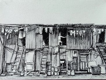 Black and white sketch of wooden shacks with ladders and hanging clothes.
