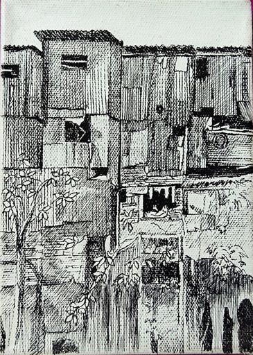 Detailed pen drawing of a rustic wooden house with plants around.