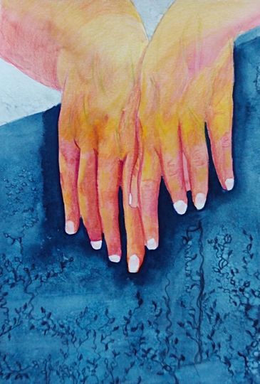 Watercolor painting of two hands resting on a dark blue surface.