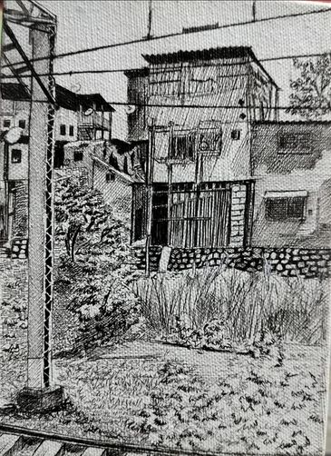 Detailed black and white sketch of a rustic neighborhood with houses and greenery.