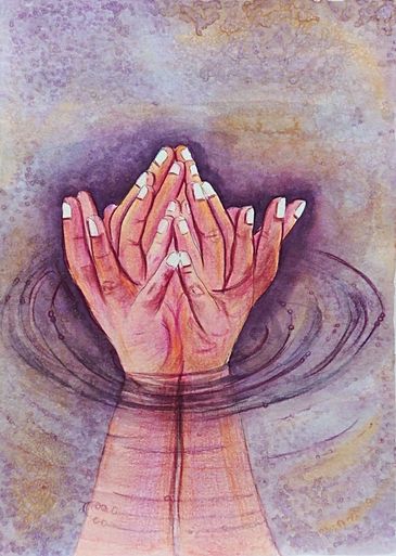Watercolor painting of hands cupped together creating ripples in water.