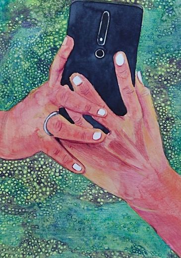Watercolor painting of hands holding a smartphone against a textured green background.