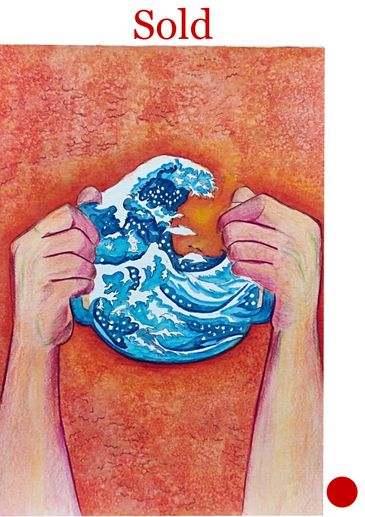 Hands tearing a paper with a wave painting, labeled Sold.