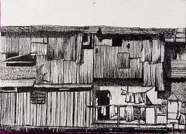 Black and white sketch of a house with clothes hanging outside.