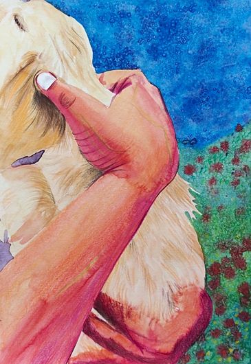 Watercolor painting of a hand petting a dog under a blue sky.