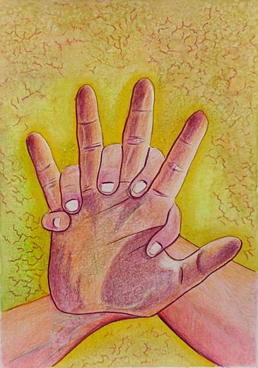 Illustration of two hands intertwined against a textured yellow background.