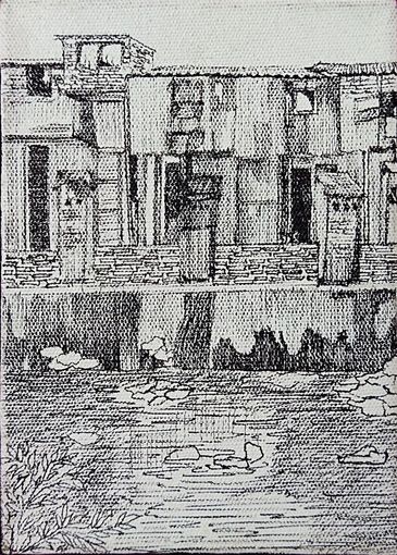Black ink sketch of rustic buildings by a pond with reflections and plants.