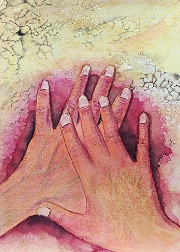 Watercolor painting of two hands overlapping on a textured background.