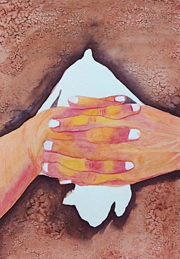 Watercolor painting of hands clasped over a white dove on a textured brown background.