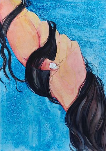 A hand gripping long black hair against a textured blue background.